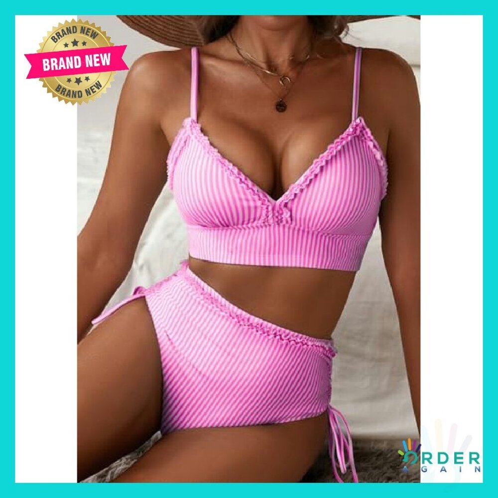 Women's High Waisted Bikini Set Ruffle Trim Adjustable Straps Chic Beachwear - Picture 5 of 8